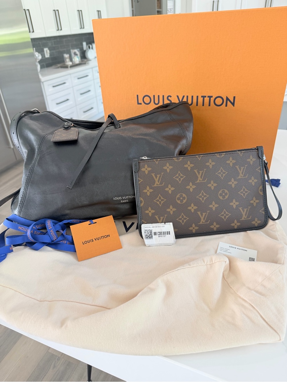 Louis Vuitton Black Leather Shoulder Bag with Brown Monogram Pouch